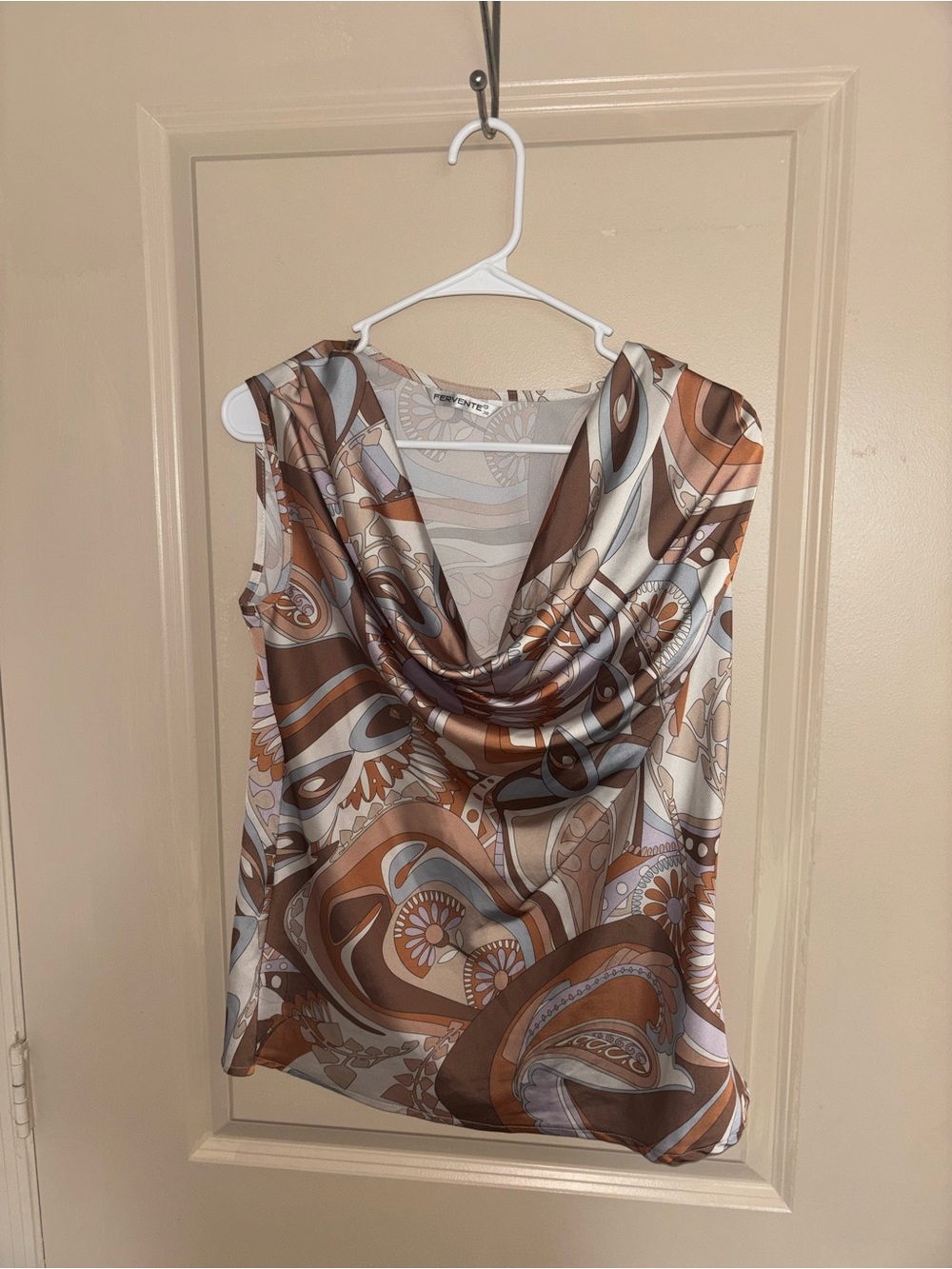 Sleeveless Cowl Neck Satin Camisole in Brown and Cream